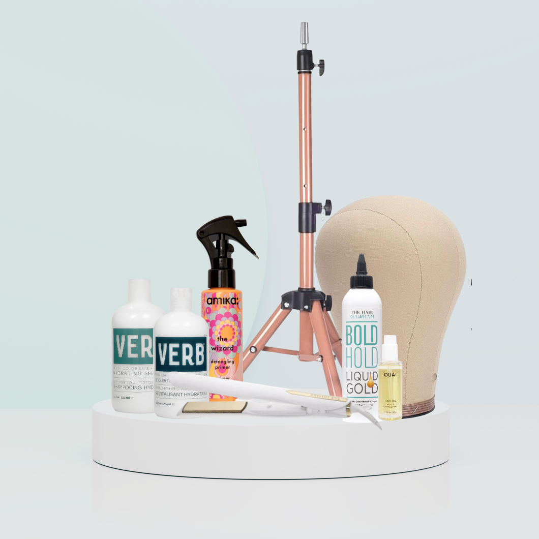 displaying the exterior labels of products recommended for wig and topper care.