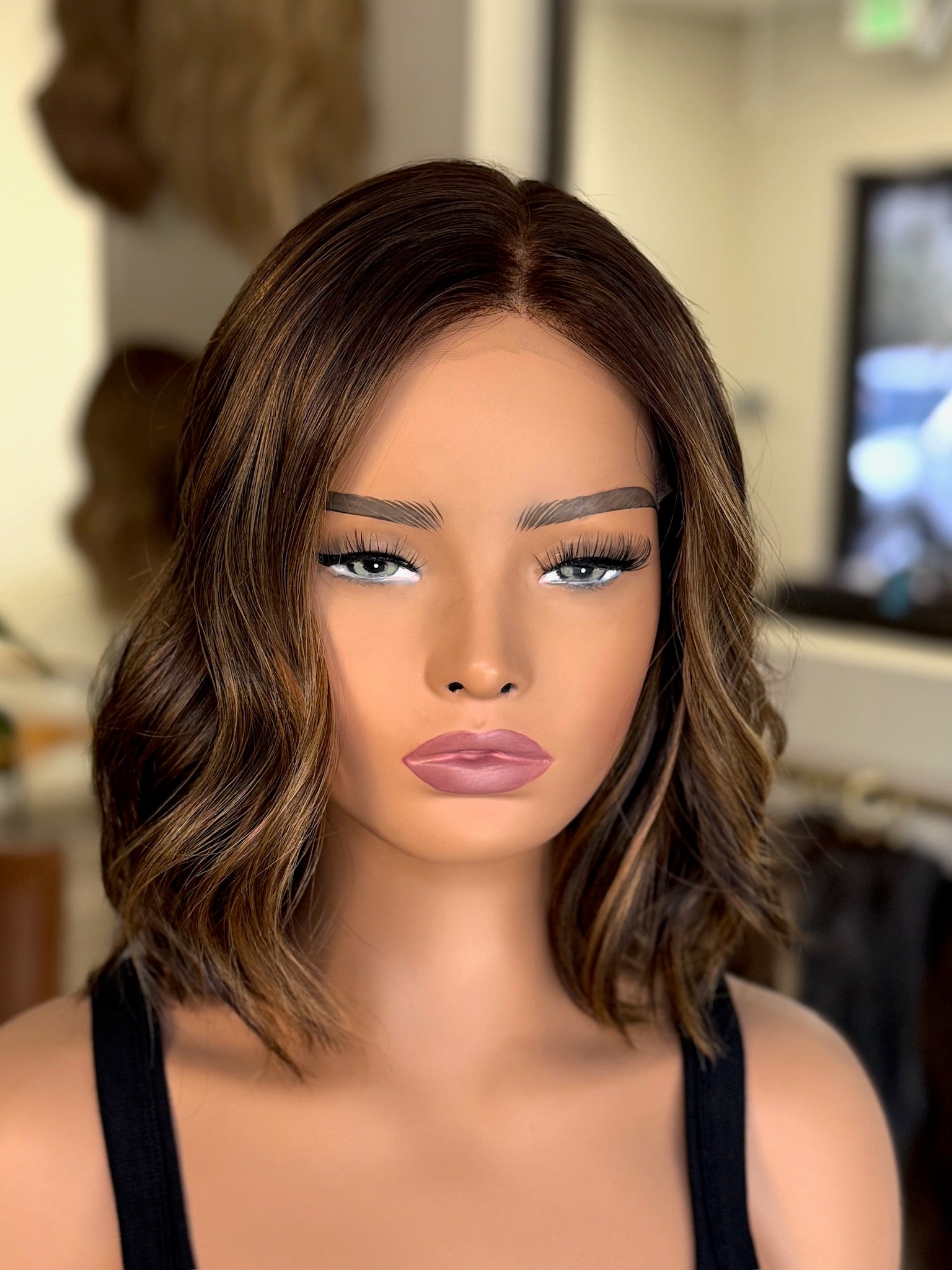 Dark Brown Golden Balayage - Small 14" Blunt Bob